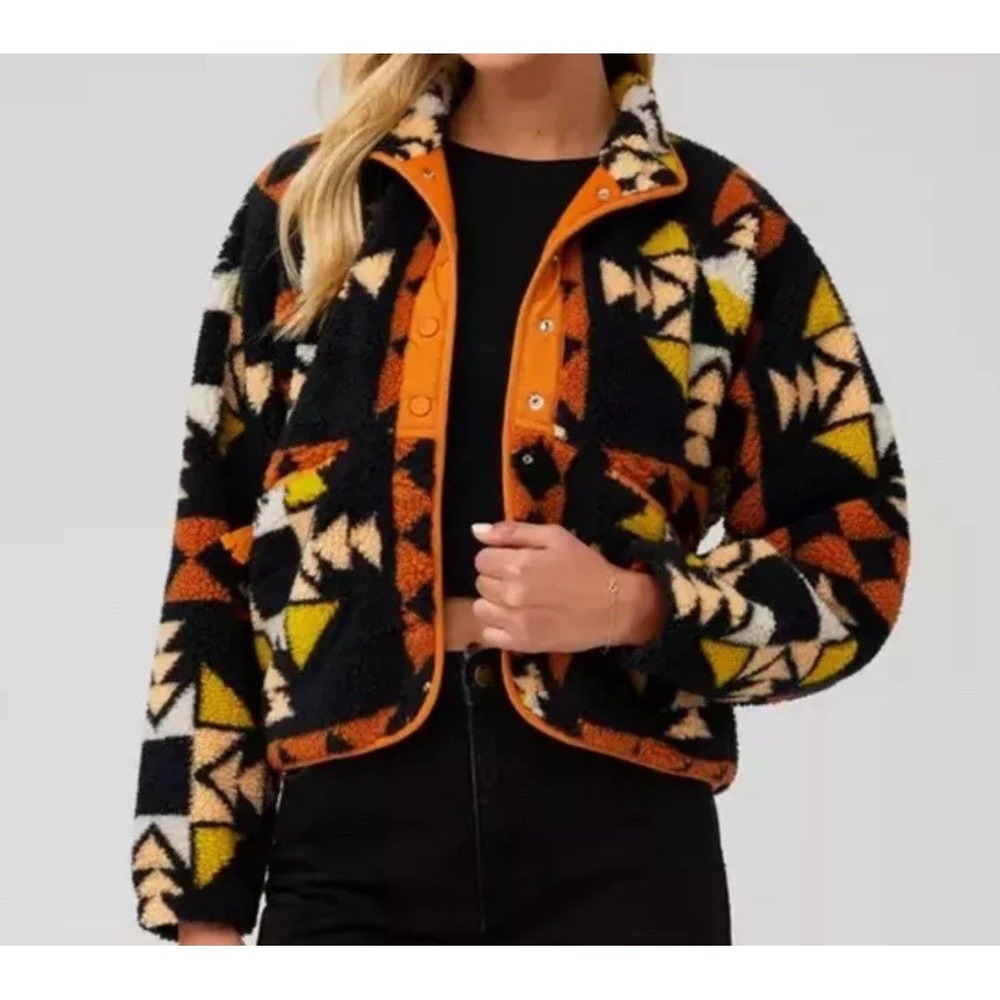 Free People Movement Women's XL Orange Sherpa Snap Jacket Aztec Print Boho NWOT